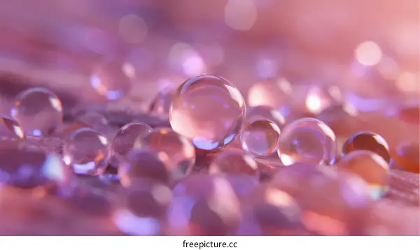 Macro Shot of Transparent Water Droplets on Soft Pink Surface