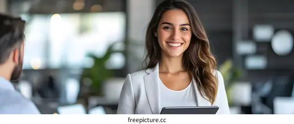 Smiling Businesswoman Holding Tablet in Office