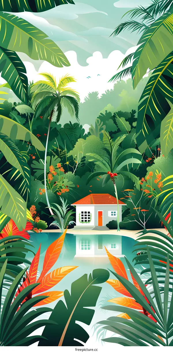 Tropical Rainforest House with a Pond