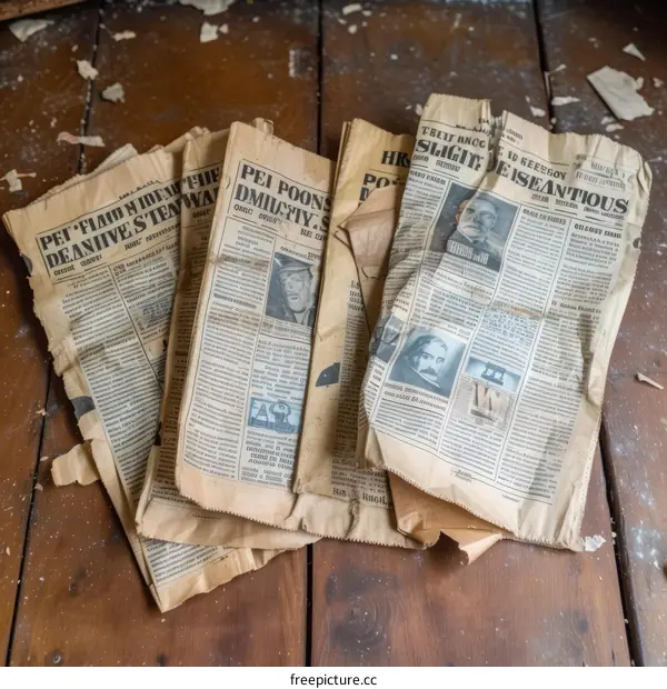 Old newspapers on a wooden floor
