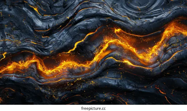 Lava flow over dark rock surface