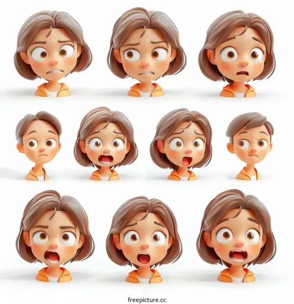 A collection of cute cartoon girl with different facial expressions