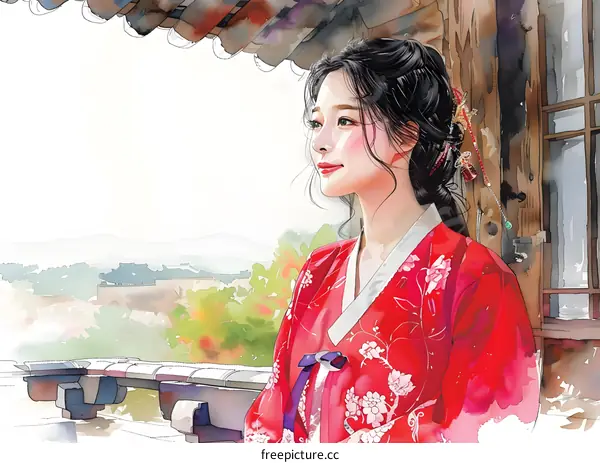 A beautiful Korean woman in red hanbok