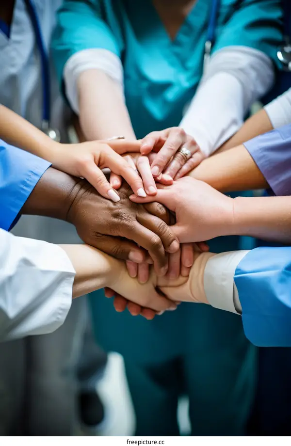 Multiracial group of doctors joining hands in unity