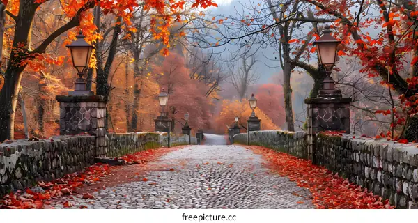cobblestone path in autumn park