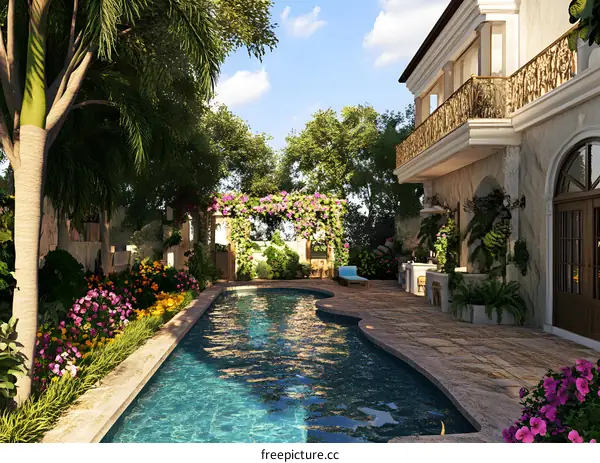 Backyard Pool with Lush Greenery and a Stone Patio