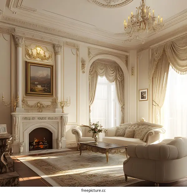 Elegant Living Room with Fireplace and Chandelier