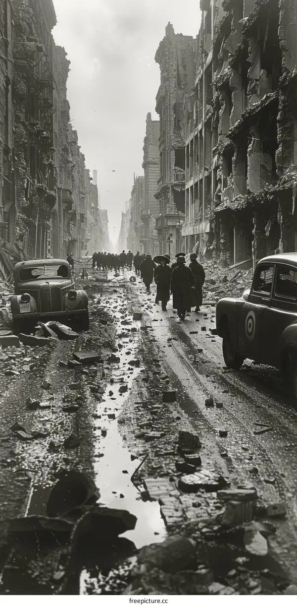 Post-war London street scene with rubble, civilians and cars