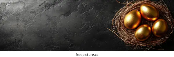 Golden Eggs in a Nest on Dark Stone Background