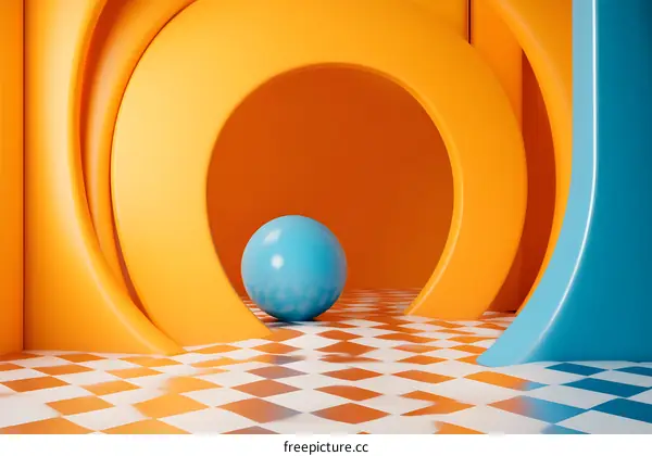 Abstract Blue and Orange Ball with Checkered Floor and Curved Walls