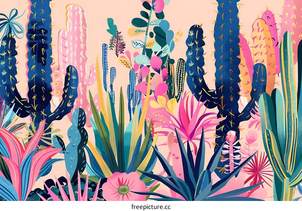 Colorful Illustration of Cactus Garden