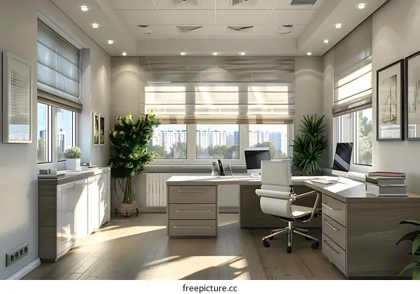 Modern Office Interior Design with Wooden Desk and White Chair