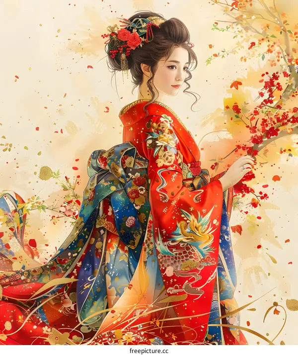 A beautiful Japanese woman in a red kimono standing in a field of red and yellow flowers.