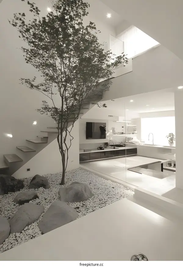 Modern Interior Design With Tree and White Pebbles