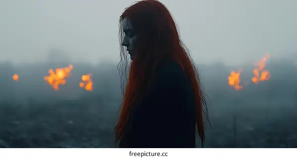 Woman with Red Hair Standing in a Foggy Field