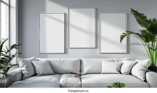 White sofa with three frames and plants in the living room