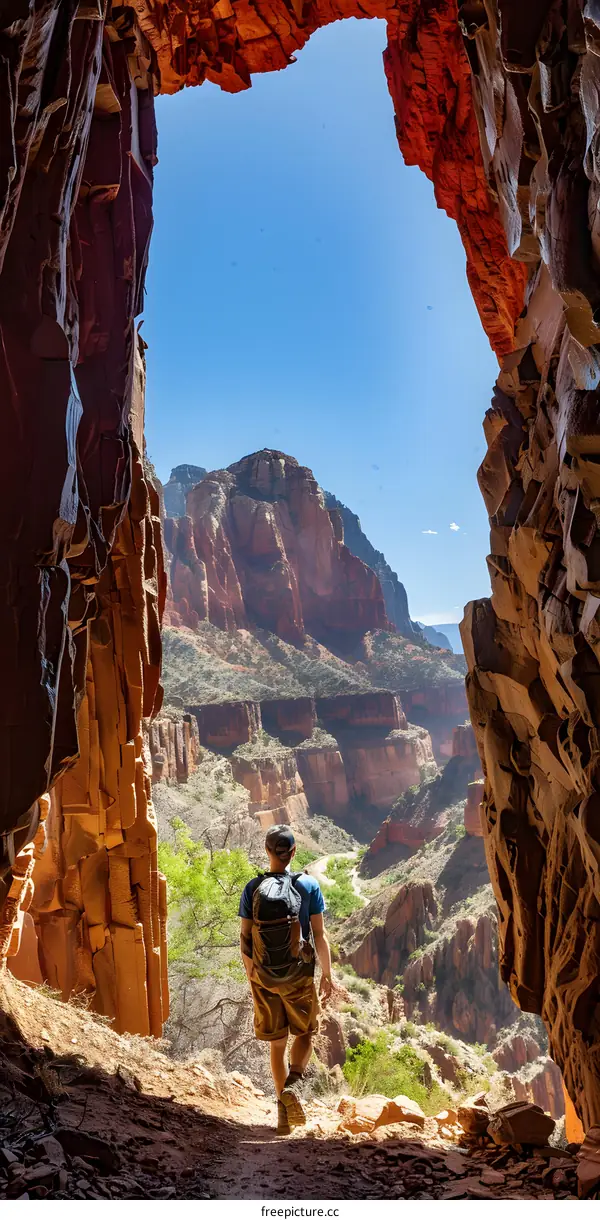 Man Hiking Through Canyon With Backpack