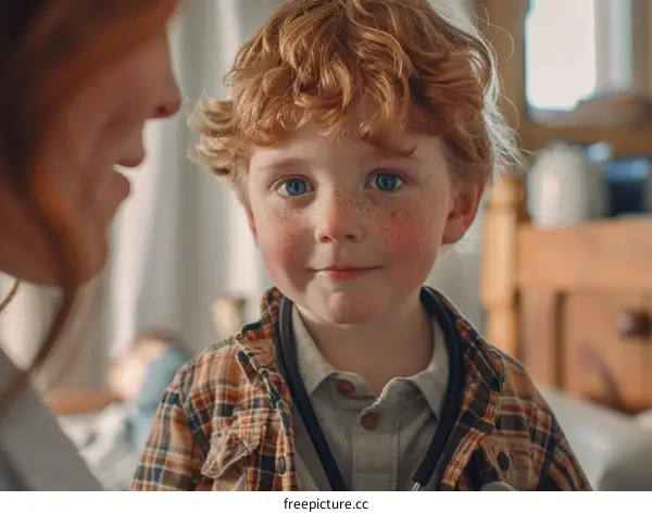 Little redheaded boy with freckles smiling at the camera