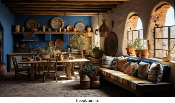 Adobe style house interior with blue walls and a big window