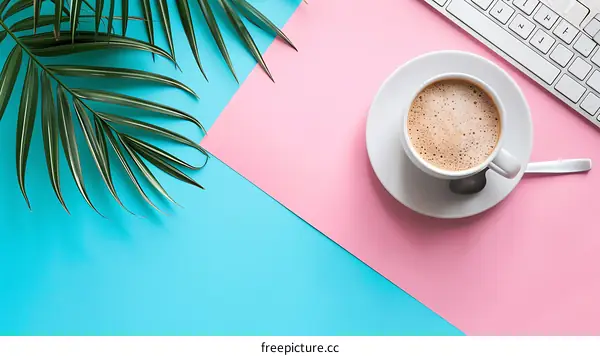 Minimalist Flat Lay with Coffee, Palm Leaf and Keyboard