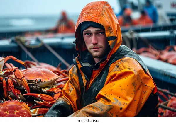 Portrait of a young male crab fisherman wearing an orange rain jacket