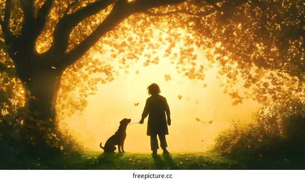Silhouette of a Person and Dog Walking in a Forest