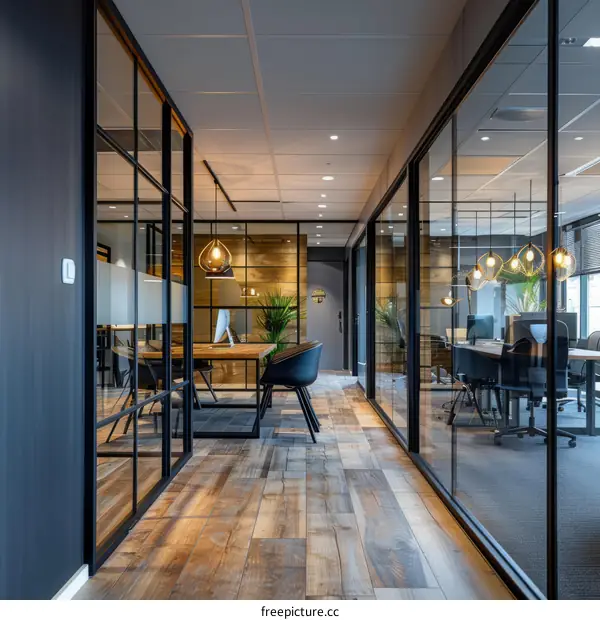 Office Interior Design With Glass Partitions and Wooden Flooring