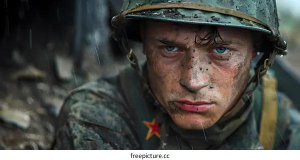 Portrait of a young soldier with blue eyes and a dirty face
