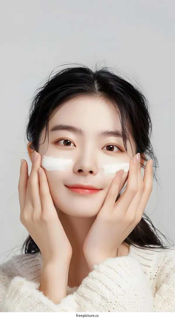 Beautiful Asian Woman Applying Face Cream