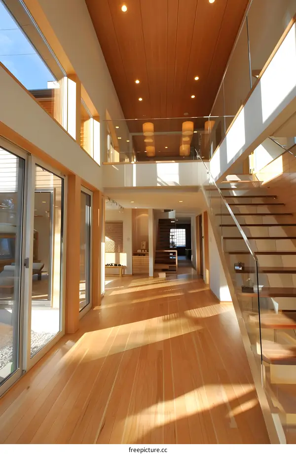 Modern House Interior with Wooden Floor and Glass Railing