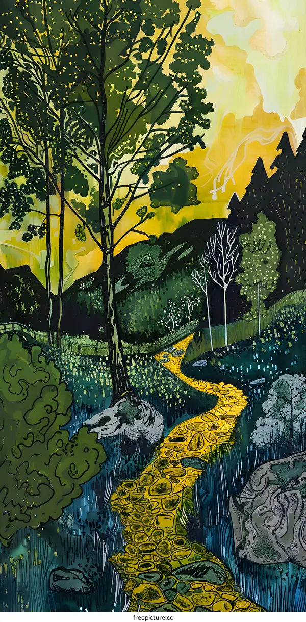 Yellow Brick Road Watercolor Painting Illustration