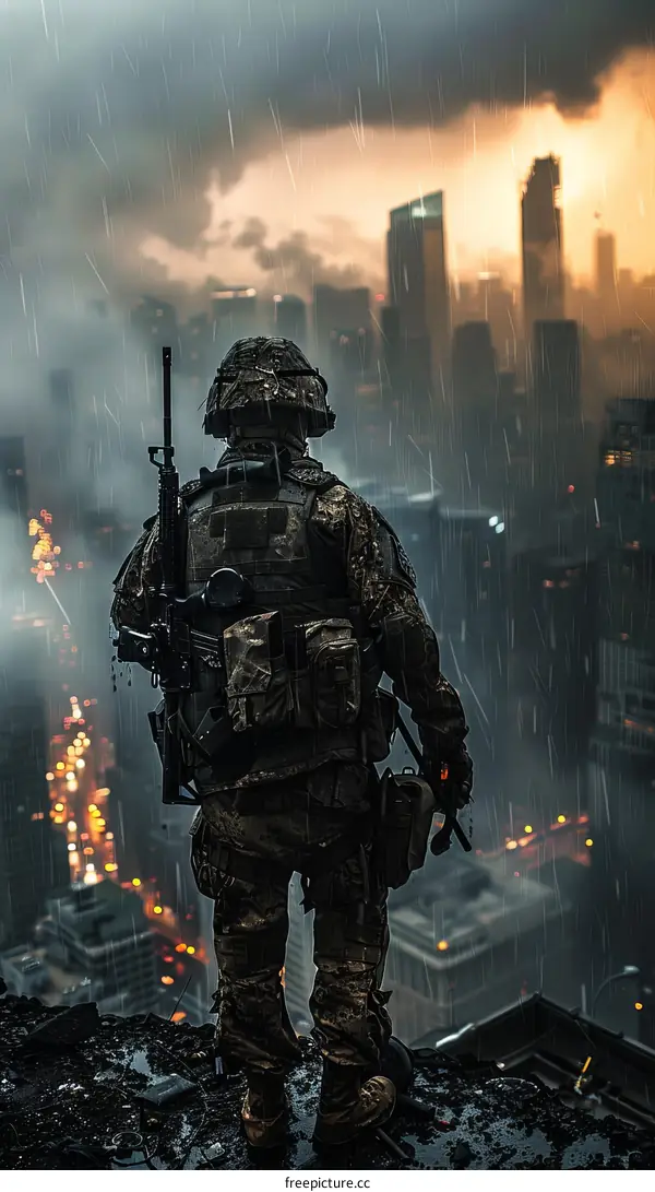 Soldier standing on a rooftop overlooking a city during a rainstorm