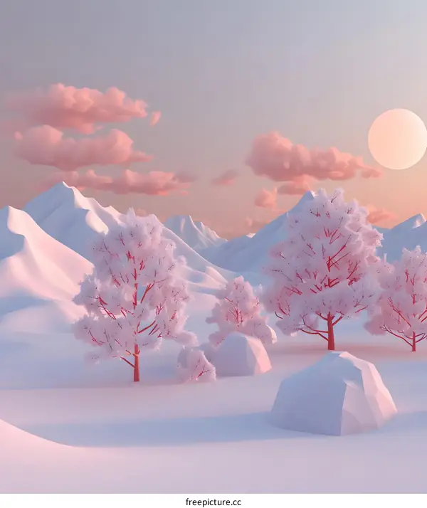 Winter Landscape With Pink Sky And Trees