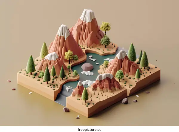 Low Poly 3D Illustration of Mountain Landscape With River