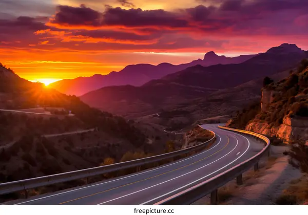 Curving Road Through Mountainous Landscape At Sunset