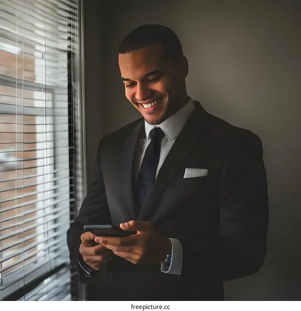 Smiling Businessman Using Phone Near Window