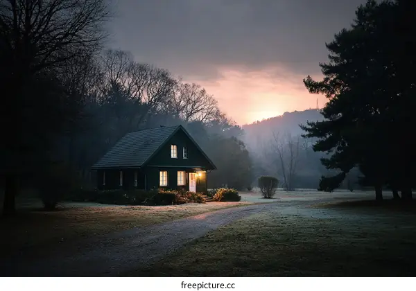 Peaceful Sunrise over a Country Cottage