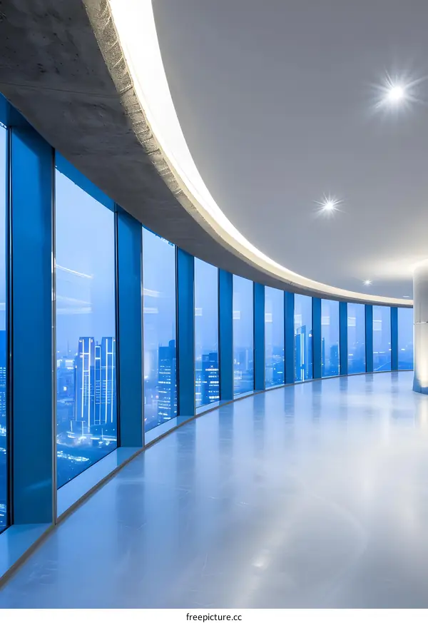 Modern Office Corridor with City Skyline View
