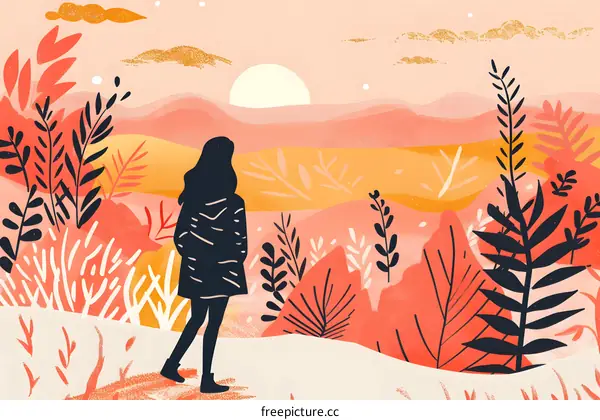 Silhouette of a Woman Standing in a Colorful Landscape