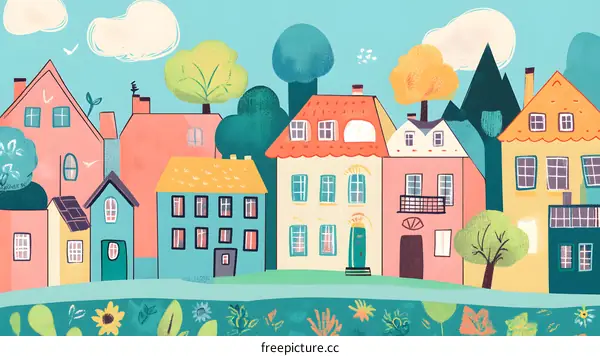 Colorful Illustration of Houses in a Village