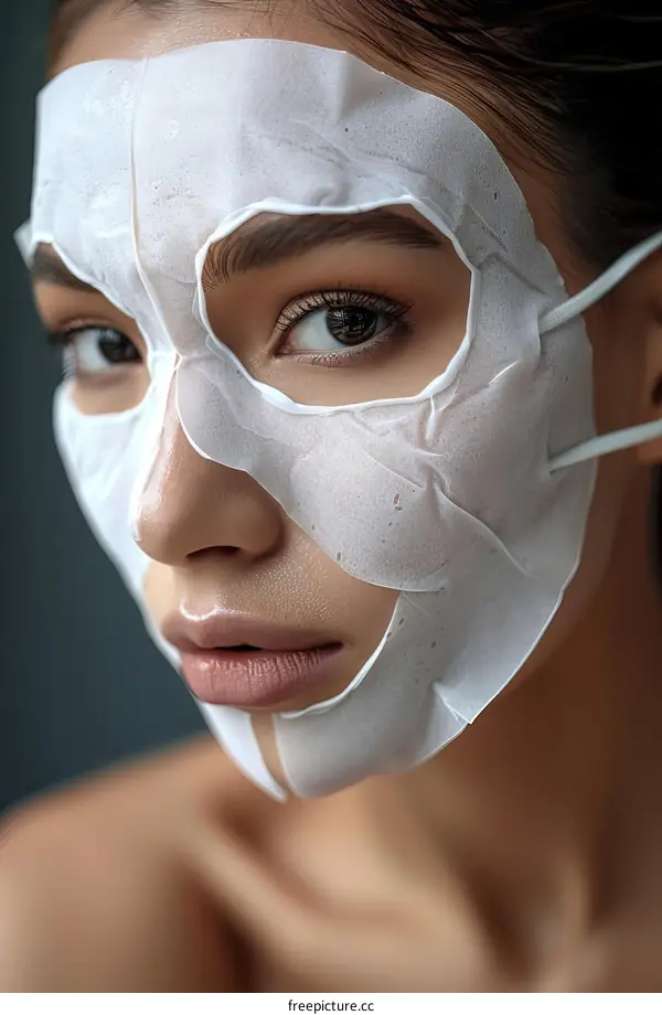 Close up of a young woman with a white facial mask on