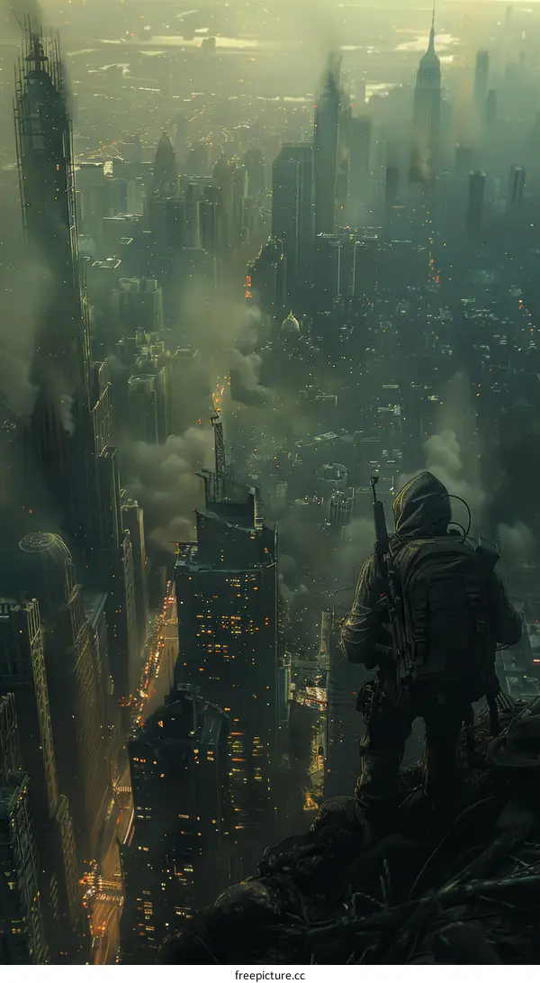 A lone survivor stands on a rooftop overlooking a ruined city.