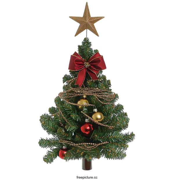 [Transparent Background PNG]Decorative Christmas Tree with Gold Ornaments and Red Bow