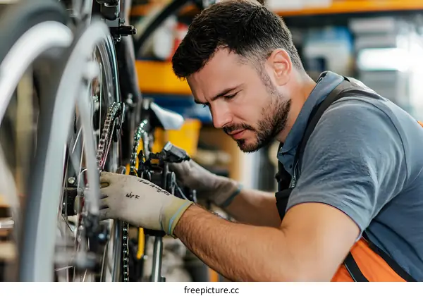 Mechanic Working on a Bicycle in a Workshop