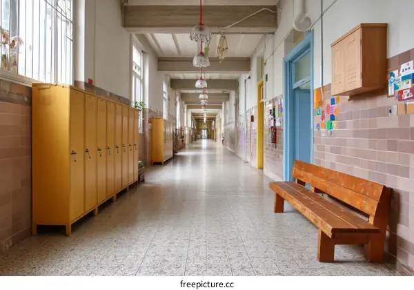 Empty School Corridor with Lockers and a Bench