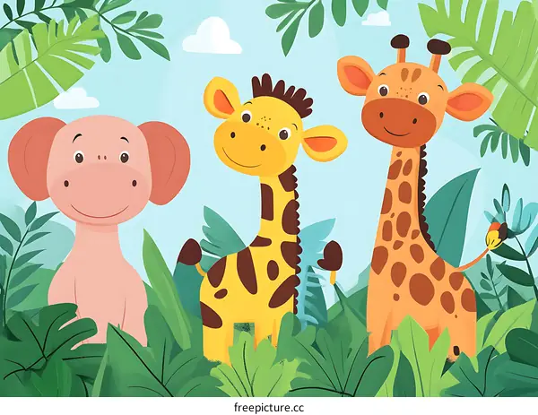 Cute Cartoon Giraffes and Elephant in the Jungle