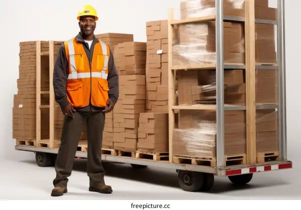 Black male warehouse worker standing with a pallet jack full of boxes