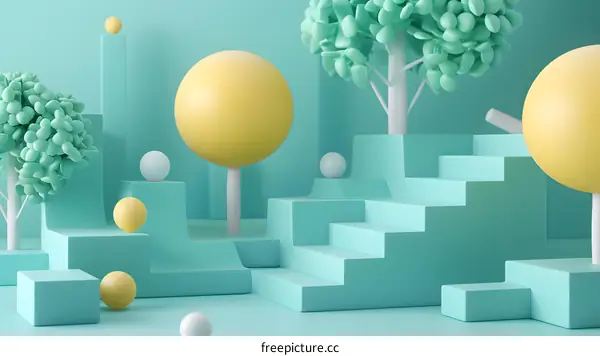Abstract 3D Rendered Illustration of a Modern Staircase in a Blue and Yellow Landscape with Sphere Trees