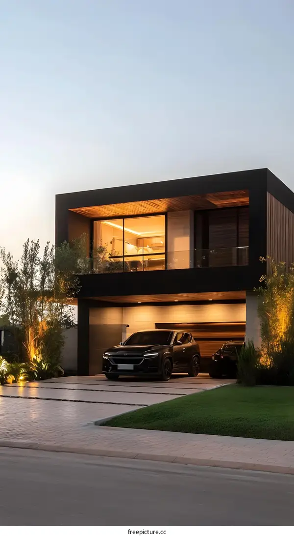 Modern House with Black Car in Garage