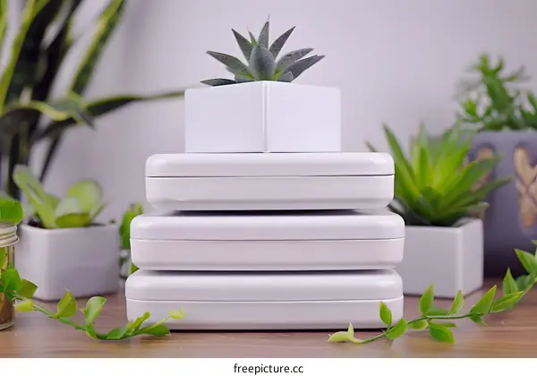 Stack of White Square Boxes with Succulents